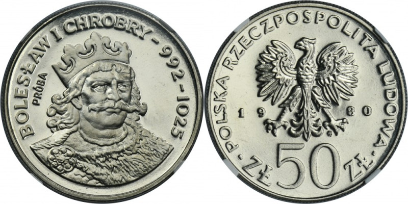 PRÓBA NIKIEL, 50 złotych 1980 Bolesław I Chrobry - NGC PF67 CAMEO Nakład 500 szt...