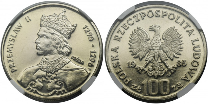 PRÓBA NIKIEL, 100 złotych 1985 Przemysław II - NGC MS67 Emisja próbna w niklu z ...