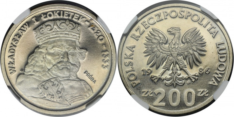 PRÓBA NIKIEL, 200 złotych 1986 Władysław I Łokietek - NGC PF67 ULTRA CAMEO Emisj...