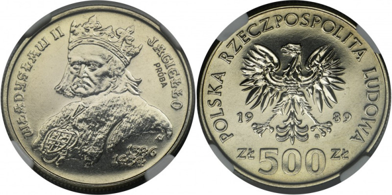 PRÓBA NIKIEL, 500 złotych 1989 Władysław II Jagiełło - NGC MS68 Emisja próbna w ...