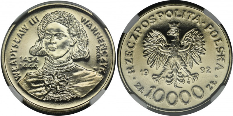 PRÓBA NIKIEL, 10.000 złotych 1992 Władysław III Warneńczyk - popiersie - NGC PF6...