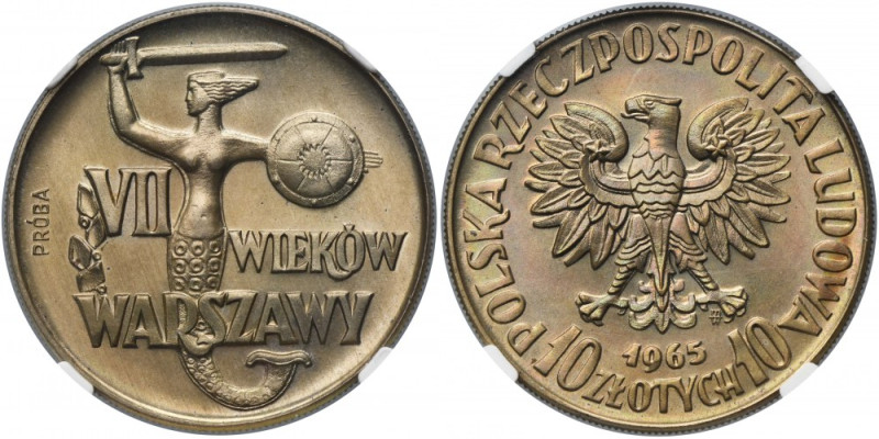 PRÓBA, 10 złotych 1965 VII Wieków Warszawy - NGC MS67 Wypukły napis PRÓBA. Menni...