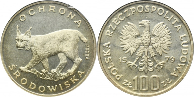 PRÓBA, 100 złotych 1979 Ochrona Środowiska Ryś - GCN PR67 Moneta wybita stemplem...