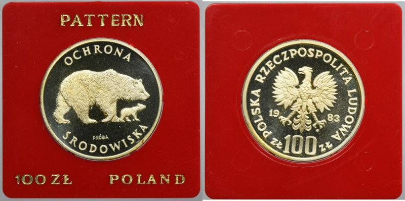 PRÓBA, 100 złotych 1983 Ochrona Środowiska Niedźwiedzie Moneta wybita stemplem l...