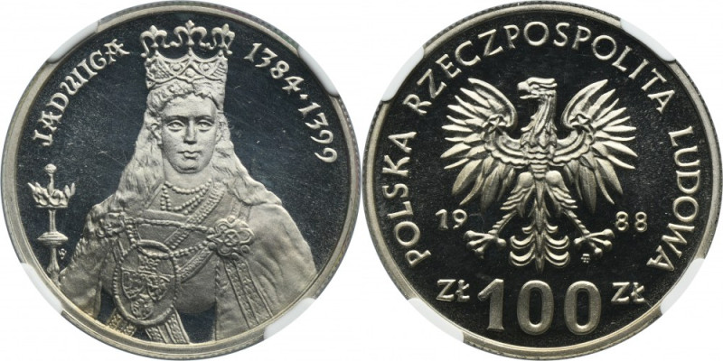 100 złotych 1988 Jadwiga - NGC PF69 ULTRA CAMEO Moneta wybita stemplem lustrzany...