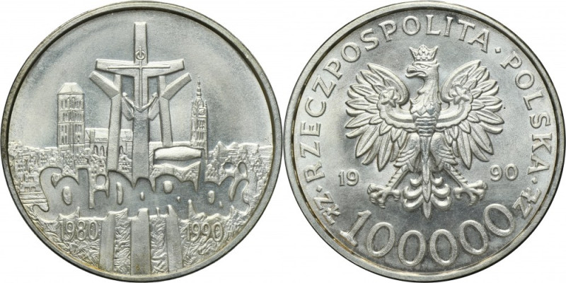 100.000 złotych 1990 Solidarność - TYP A Typ A. Srebro próby '999'. Przetarte tł...