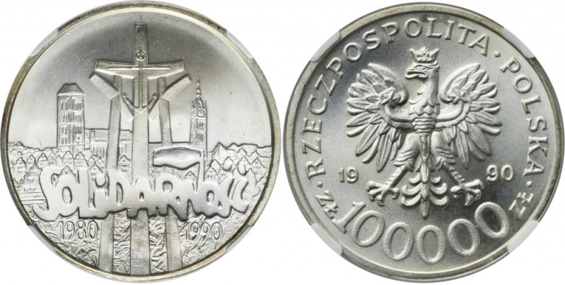 100.000 złotych 1990 Solidarność - TYP C - NGC MS66 Rzadki, najwyżej wyceniany t...