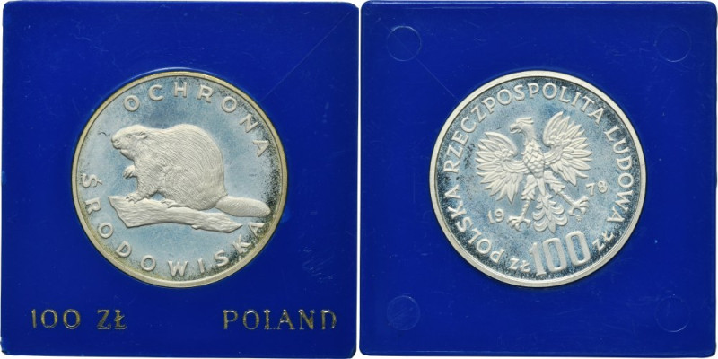 100 złotych 1978 Ochrona Środowiska Bóbr Moneta wybita stemplem lustrzanym. Nakł...