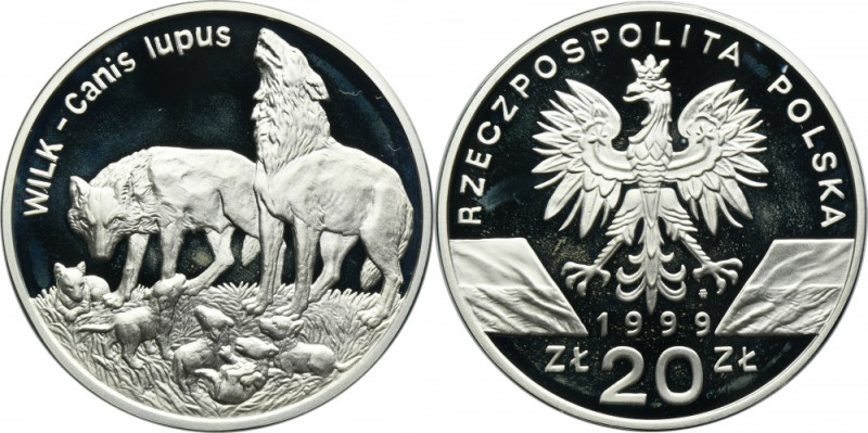 20 złotych 1999 Wilk Moneta wybita stemplem lustrzanym. Nakład 21.000 sztuk. Sre...