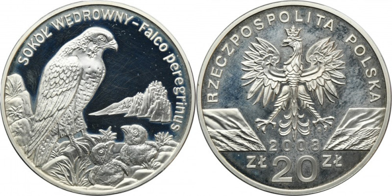 20 złotych 2008 Sokół Moneta wybita stemplem lustrzanym z widocznymi ryskami na ...