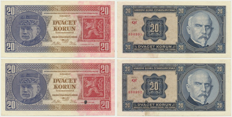 Czechoslovakia, 20 Korun 1926 (2 pcs.) Corner issues that affect the design. Cir...