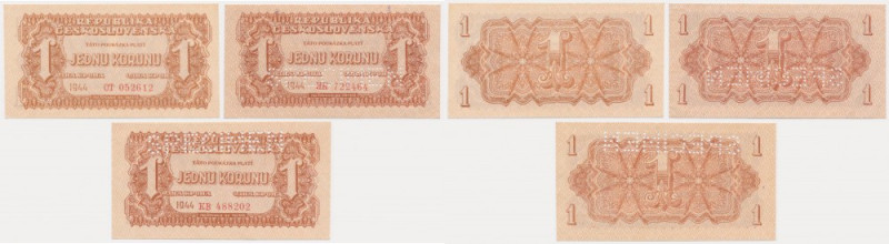 Czechoslovakia, 1 Koruna 1944 (3 pcs.) Cirsp notes with beautifull original shee...