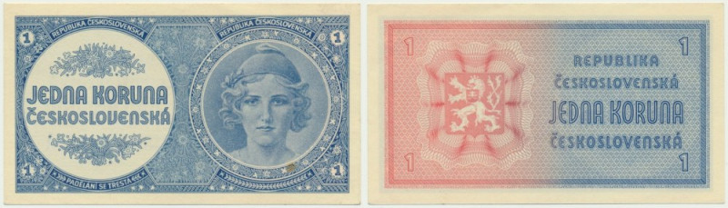 Czechoslovakia, 1 Koruna (1946) Upper right corner folded through the design. Ci...