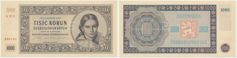 Czechoslovakia, 1.000 Korun 1945 - SPECIMEN - Perforated letter 'S'.&nbsp; Crisp...