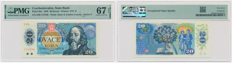 Czechoslovakia, 20 Korun 1988 - PMG 67 EPQ Uncirculated banknote graded 67 EPQ b...