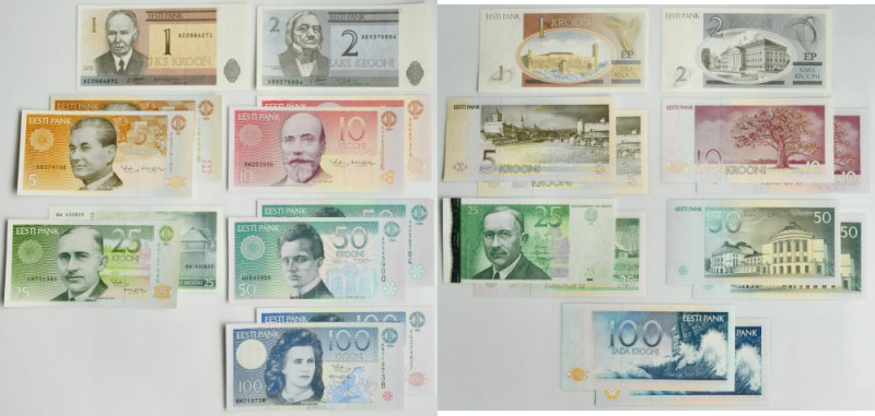 Estonia, Set of 1-100 Krooni 1991-94 (12 pcs.) Cirsp notes with beautifull origi...