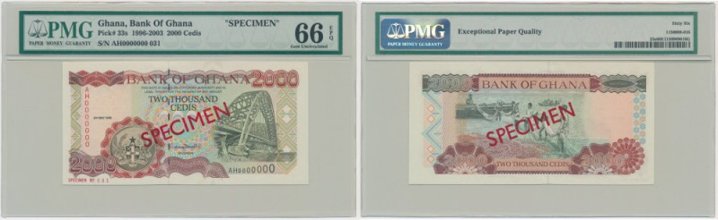 Ghana, 2000 Cedis 1998 - SPECIMEN - PMG 66 EPQ Uncirculated banknote graded 66 E...