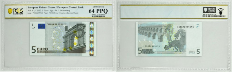 Greece, 5 Euro 2002 - PCGS 64 PPQ Uncirculated banknote graded 64 PPQ by PCGS.
...