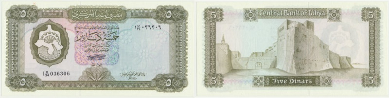 Libya, 5 Dinars (1971-72) Handling issues but no folds through the design.
 Dro...