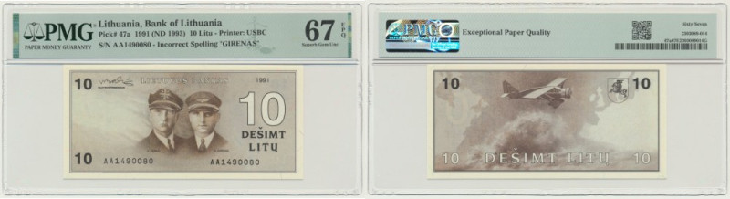 Lithuania, 10 Litu 1991 - AA - PMG 67 EPQ - with error in 'Girenas' A variant wi...