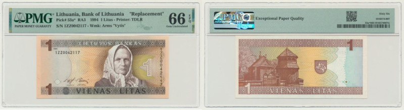 Lithuania, 1 Litas 1994 - replacement - PMG 66 EPQ Uncirculated banknote graded ...