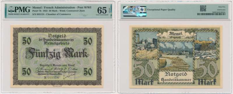 Memel (Klaipeda), 50 Mark 1922 - PMG 65 EPQ A banknote from an issue collected b...