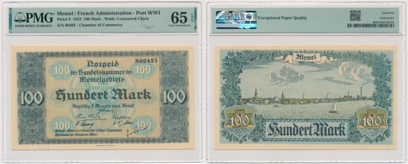 Memel (Klaipeda), 100 Mark 1922 - PMG 65 EPQ A banknote from an issue collected ...