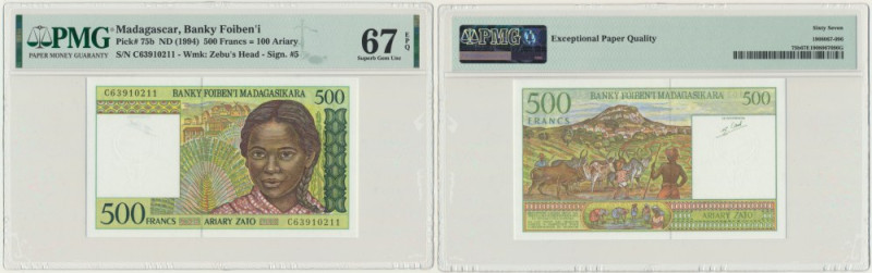 Madagascar, 500 Francs = 100 Ariary (1994) - PMG 67 EPQ Uncirculated banknote gr...