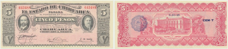 Mexico, 5 Pesos 1915 Upper left corner folded through the design. Never washed o...