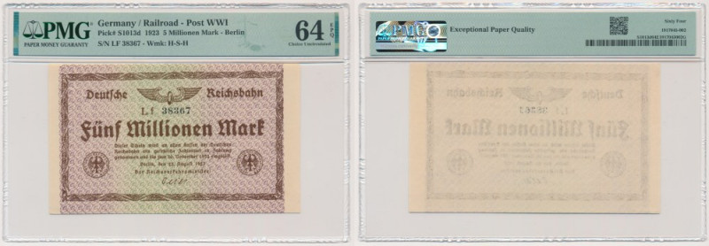 Germany, Railroad, 5 million Mark 1923 - PMG 64 EPQ Uncirculated banknote graded...