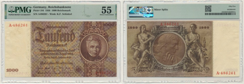 Germany, 1.000 Reichsmark 1936 - PMG 55 About Uncirculated banknote graded 55 by...