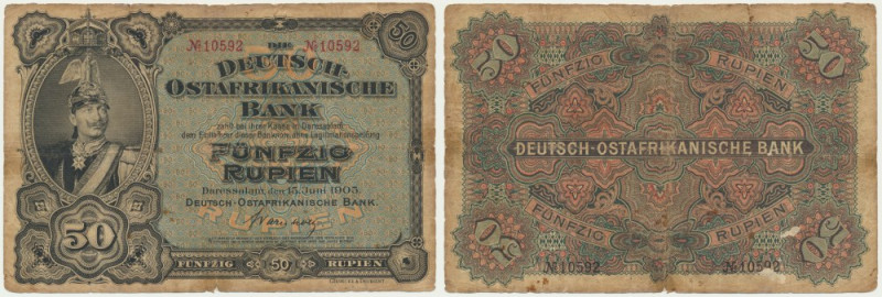 German East Africa, 50 Rupien 1905 Rare note. Circulated.&nbsp; Rzadszy banknot....