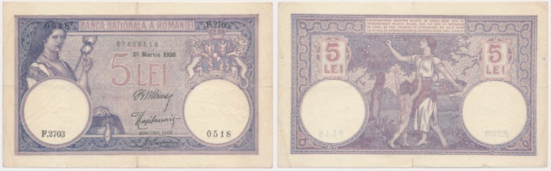 Romania, 5 Lei 1920 Attractive piece. One strong fold through the design. Great ...