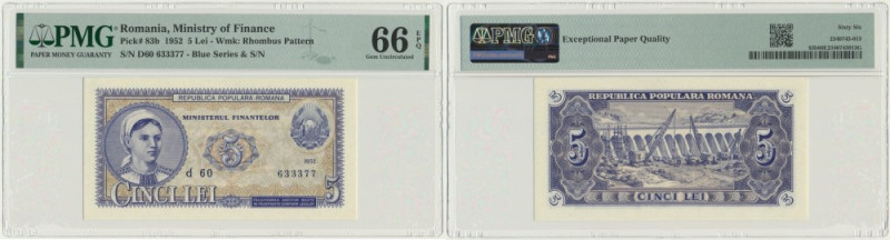 Romania, 5 Lei 1952 - blue serial - PMG 66 EPQ Blue serial prefix.&nbsp; Uncircu...