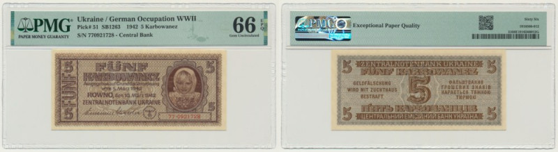 Ukraine, 5 Karbovanez 1942 - PMG 66 EPQ Uncirculated banknote graded 66 EPQ by P...