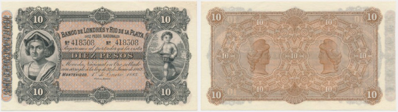 Uruguay, Banco de Londres y Río de La Plata, 10 pesos 1883 &nbsp;Imperfections a...