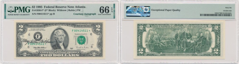 USA, Green Seal, 2 Dollars 1995 ★- Withrow & Rubin - with autograph - PMG 66 EPQ...