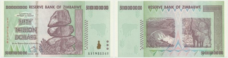 Zimbabwe, 50 Trillion Dollars 2008 - AA - Uncirculated.
 Emisyjny stan zachowan...