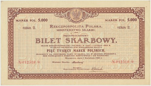 5% Bilet Skarbowy, Seria II - 5.000 mkp 1921 - RZADKOŚĆ 5% Bilet Skarbowy - Seri...