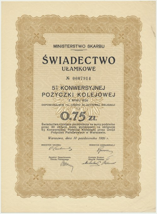 5% Konwersyjna Pożyczka Kolejowa 1926, świadectwo ułamkowe 0,75 zł 5% konwersyjn...