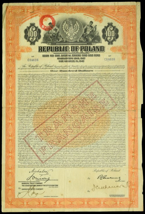 7% Pożyczka Stabilizacyjna 1927, obligacja $100, TRANCHE FRANCAISE, bez stempla ...