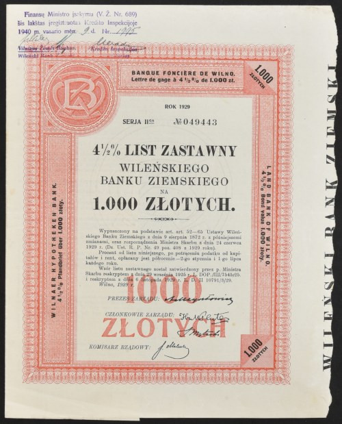 Wileński Bank Ziemski, 4,5% list zastawny, 1.000 zł 1929, seria II Wileński Bank...