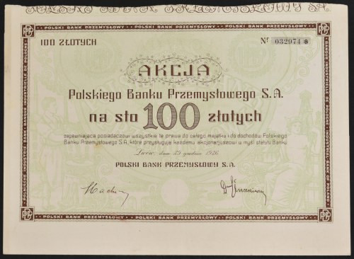 Polski Bank Przemysłowy S.A., 100 zł 1926 Ładna akcja Polskiego Banku Przemysłow...