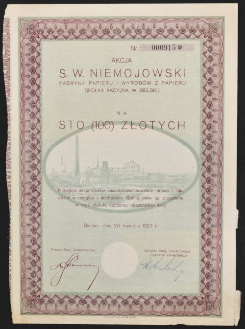 'S. W. Niemojowski' Fabryka Papieru i Wyrobów z Papierni S.A. w Bielsku, 100 zł ...