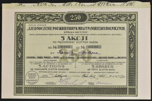 Zjednoczenie Polskich Fabryk Maszyn i Narzędzi Rolniczych S.A., 5 x 50 zł 1921 A...