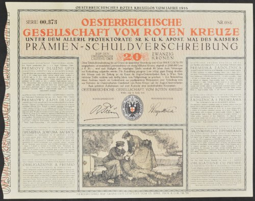 Austria, Towarzystwo Czerwonego Krzyża, premiowy zapis długu, 20 koron 1916 Aust...