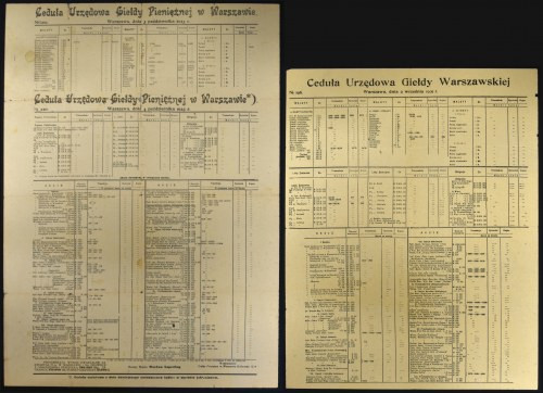 Ceduły urzędowe Giełdy Warszawskiej z lat 1921 oraz 1923 Giełda Warszawska Ceduł...