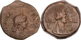 ÄGYPTEN ALEXANDRIA
Agrippina minor, Gemahlin des Claudius, 50-54 n. Chr. AE-Diobol 52/53 n. Chr. (= Jahr 13 des Claudius) Vs.: drapierte Büste des Ag...
