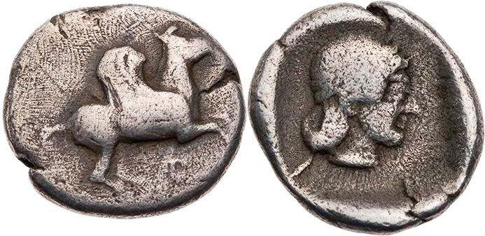 KORINTHIA KORINTH
 AR-Drachme ca. 500-450 v. Chr. Vs.: Pegasos fliegt n. r., da...