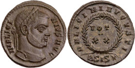 RÖMISCHE KAISERZEIT
Licinius I., 308-324 n. Chr. AE-Follis 320-321 n. Chr. Siscia, 2. Offizin Vs.: IMP LICI-NIVS AVG, Kopf mit Lorbeerkranz n. r., Rs...